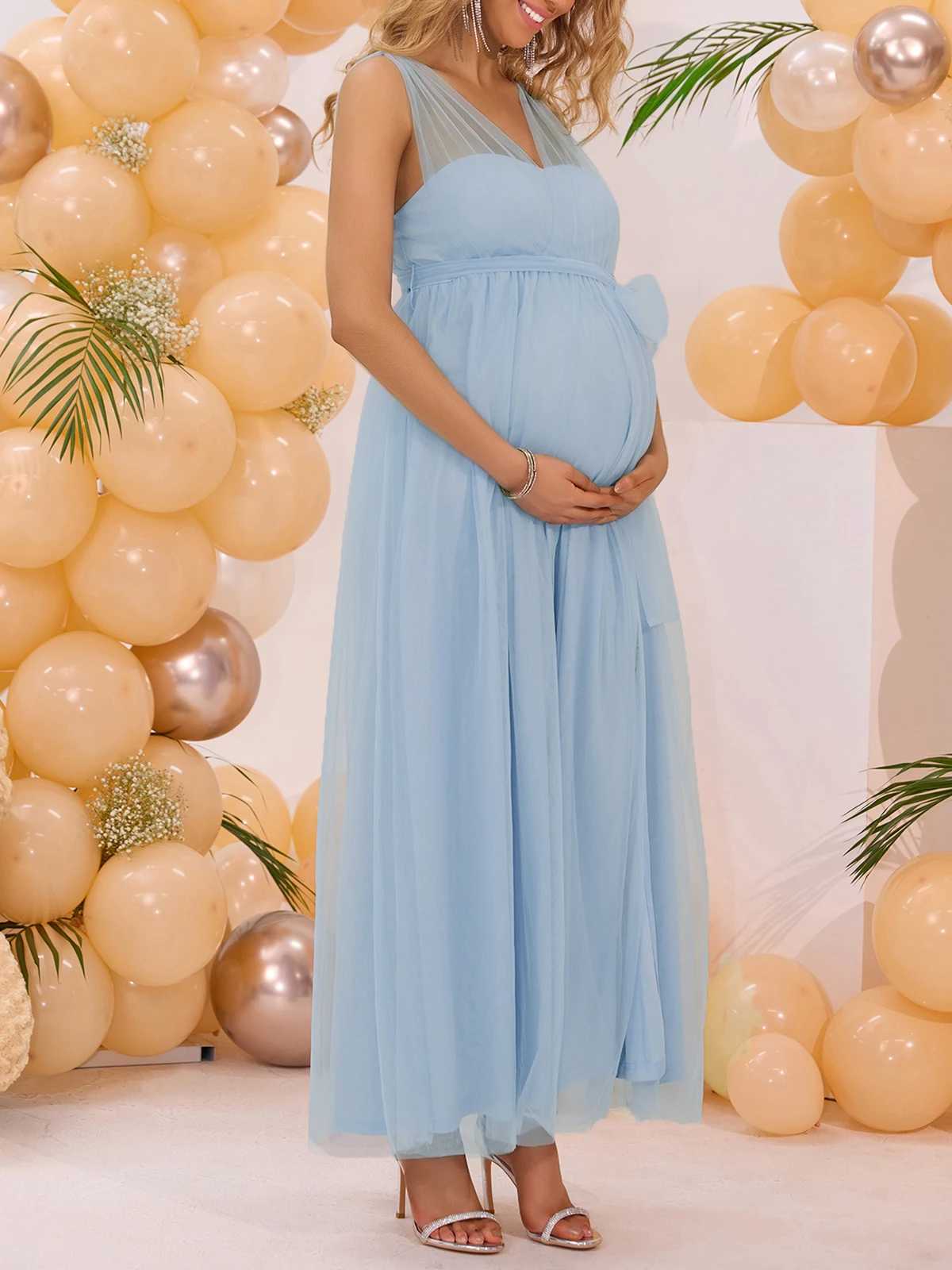 ItsRoya Solid V Neck Backless Pregnant Dress With Waist Tie Casual Photography Props Dresses Loose Side Split Maternity Dress X250224