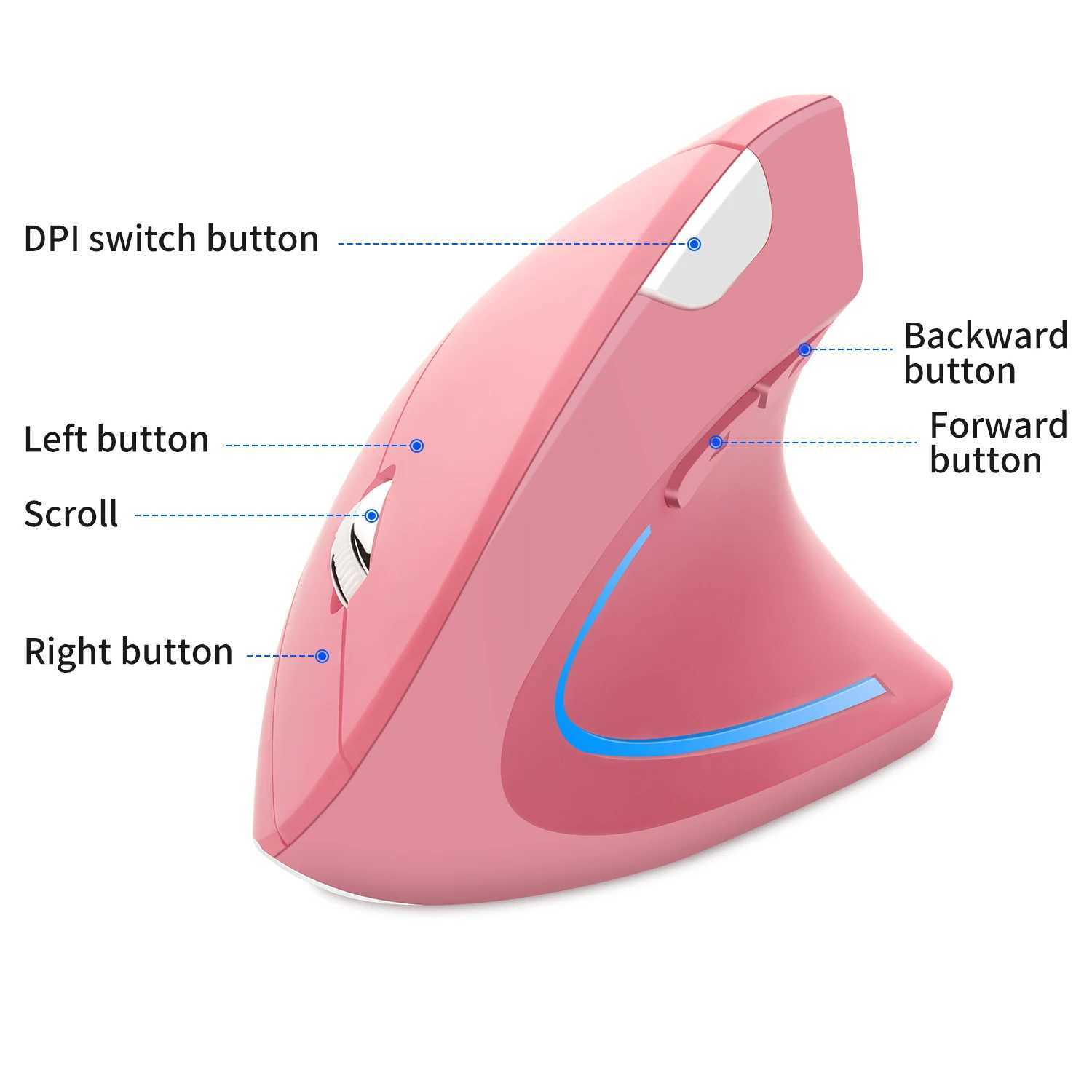 Pink Wireless Vertical Mouse Lightweight LED 800/1200/1600 DPI Adjustable Ergonomic Mice Wrist protection for PC Computer Laptop O250225