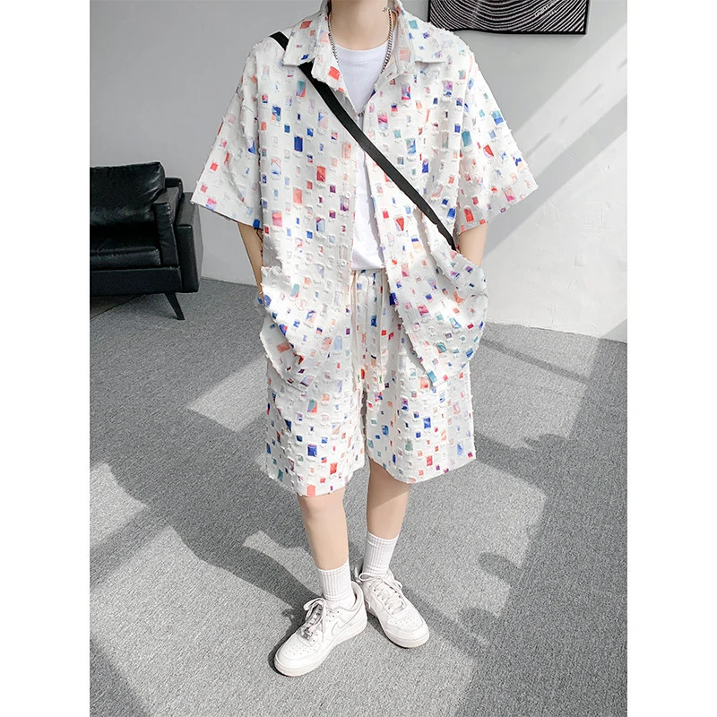 Cotton Hollowed Out Set Men Summer Short Sleeved Shirt Sets Men Streetwear Korean Loose Colored Plaid Sets Mens Plus Size 5XL 250224