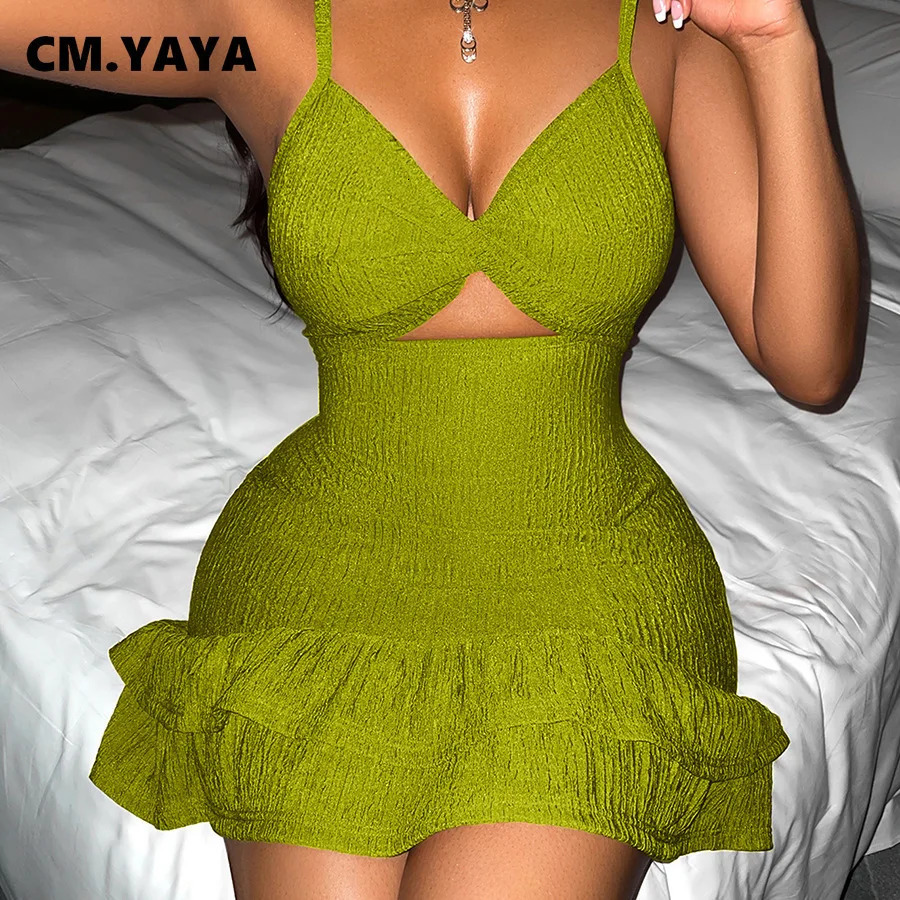 CM.YAYA Women Cut Out High Waist Sleevelesss Strap Ruffles Smock Dress 2025 Summer Female Street Night Club Party Dresses 250318