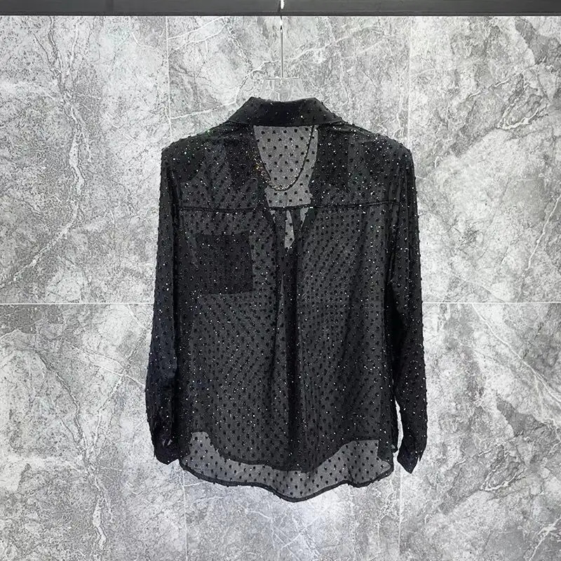 Spring and summer no ironing breathable sunscreen long sleeved mens shirt Ins sense shiny hollow nightclub fashion top 250222