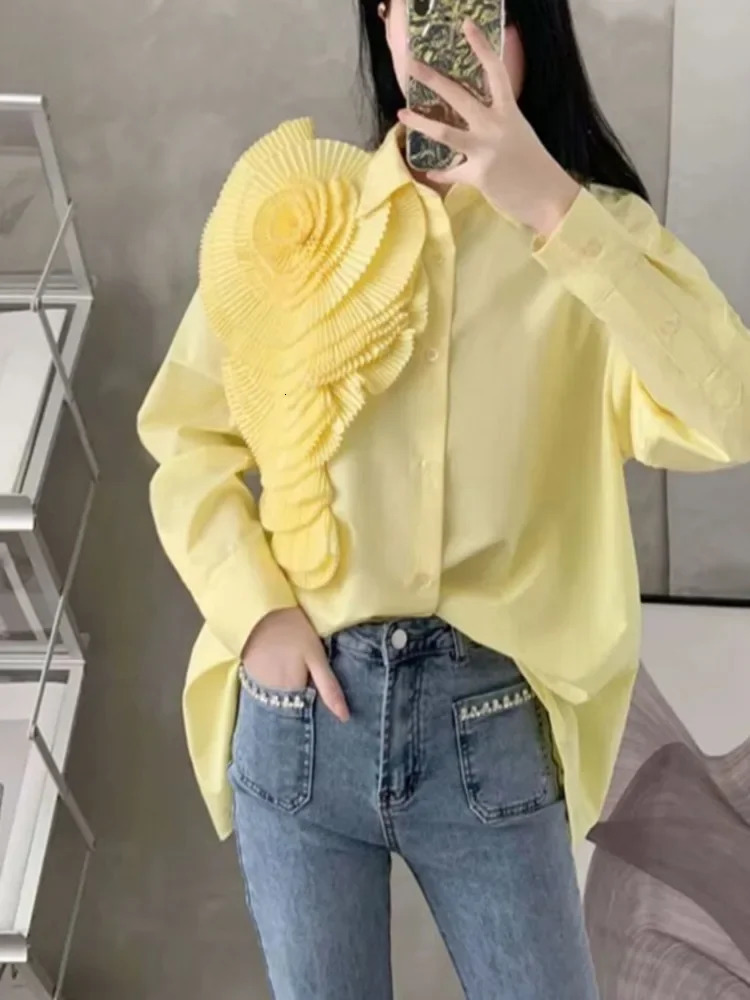 Hikigawa Chic Fashion 3D Floral Turn Down Collar Vintage Blouse Solid Elegant Shirt All Match Casual Blusas Top Mujer De Moda 250225