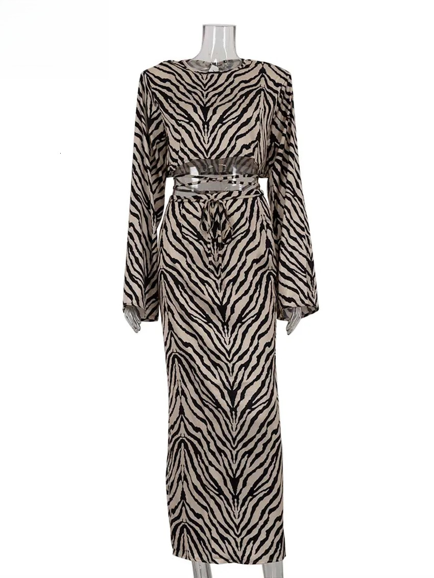 Elegant Khaki Print For Women designer clothing 2 Pieces Fashion O-Neck Long Sleeve Crop Tops And Lace-Up Slim Straight Skirts Sets