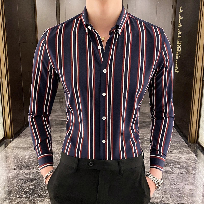 Mens Shirts Korean Clothing Long Sleeve Striped Social For Men Business Casual Formal Blouse Homme 5XLM 250222