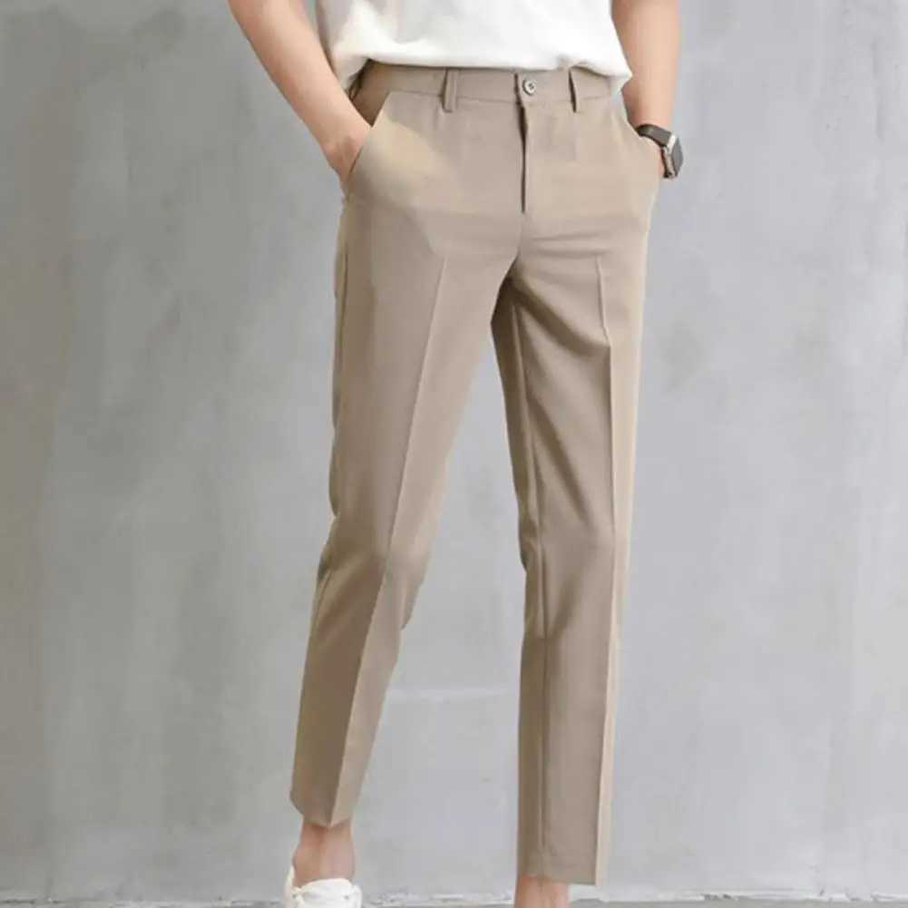 Mens Slim Fit Business Trousers Straight Leg Mid Waist Trousers Ankle Length Zipper Work Pants Solid Color Suit Pants W250225