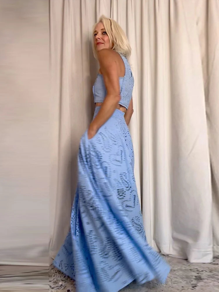 Hollow Out Sleeveless Top Half Skirt Set Embroidered Pocket Long Skirts Casual Holiday Temperament Waist Cinching Two-Piece Set 250224