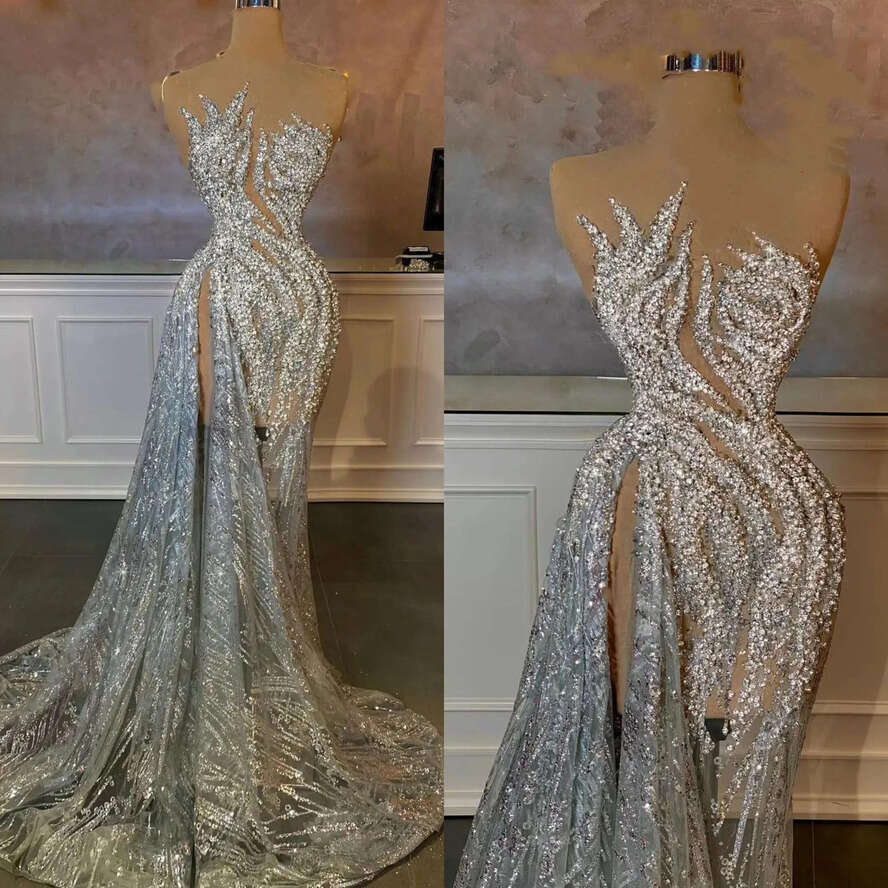 Sexy Women Prom Dresses Sheer Neck Sleeveless Gown Sequins Crystal Ruffles Split Side Dress For Party Custom Made