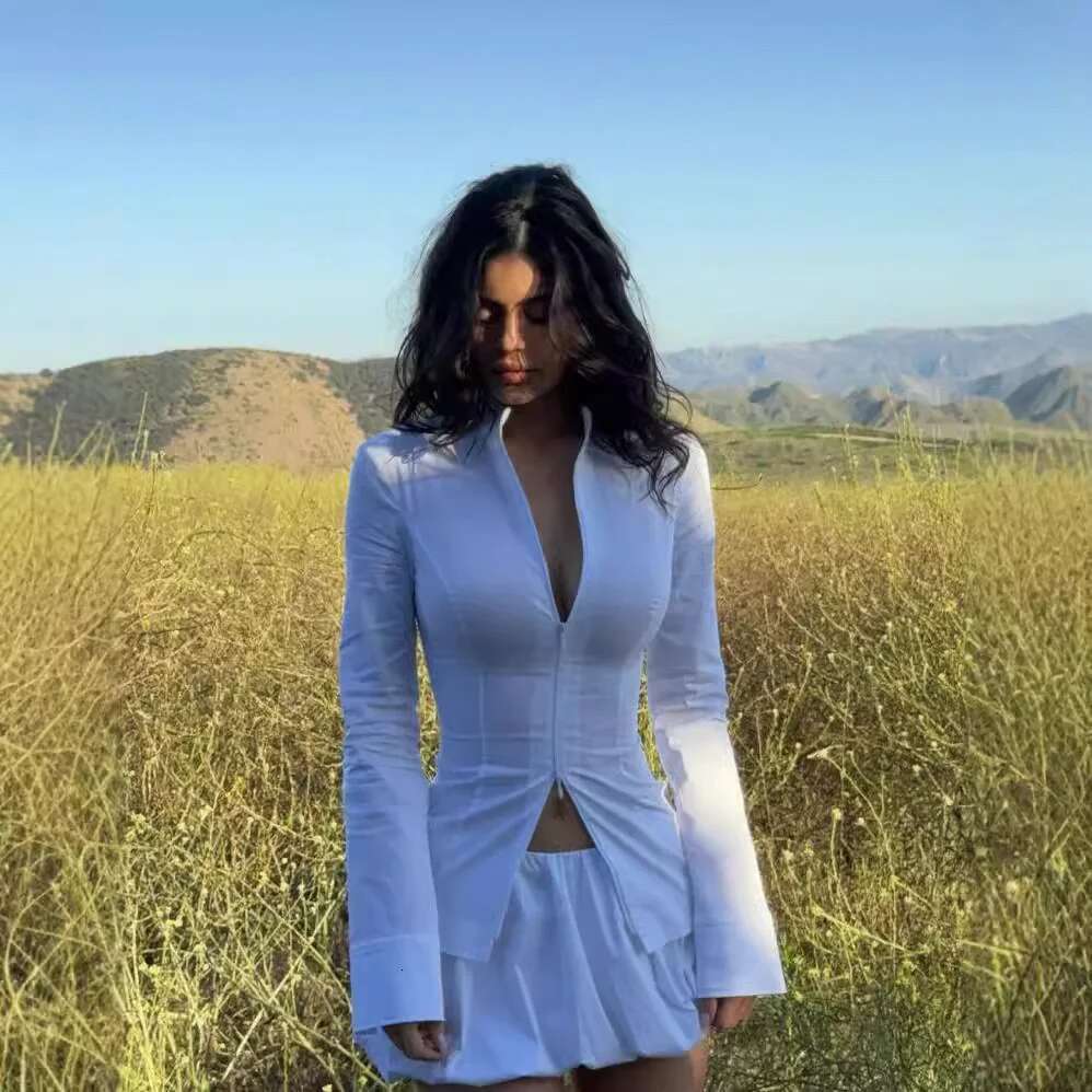 KHY Kylie The Same Zippered Waist Mid-Length Stand-Up Collar Shirt Drop007 Slim-Fit Top