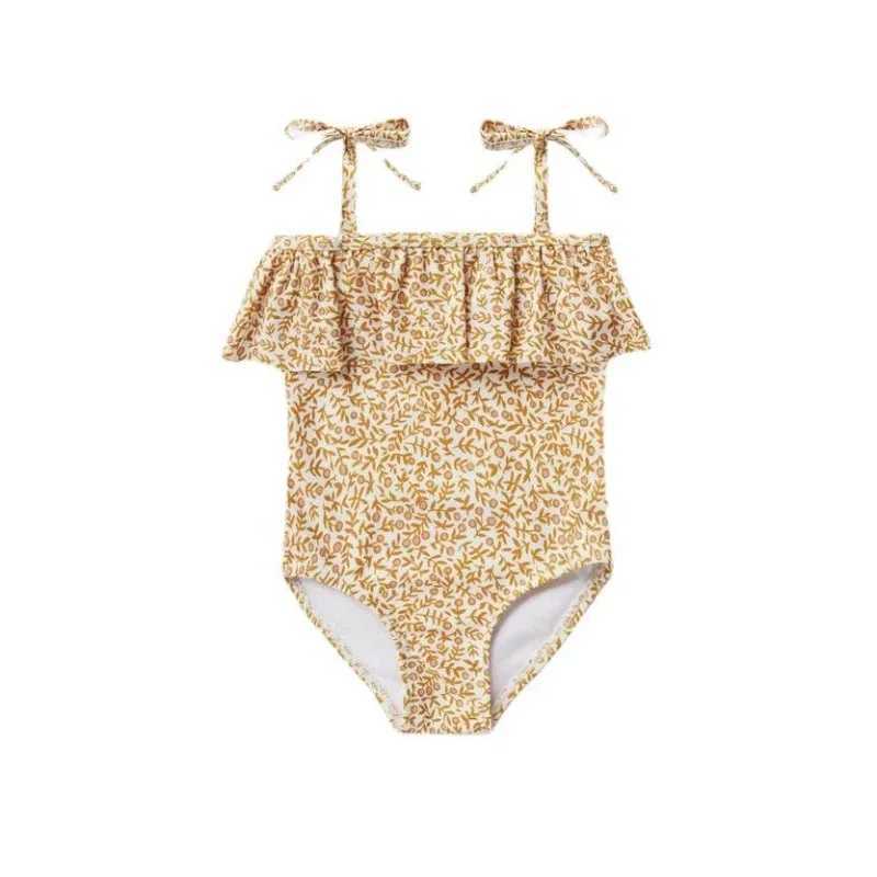 2024 Matching New Girls Beach Hot Spring Vacation Childrens Clothing Style Floral Striped Sling One-Piece Swimsuit Kids Summer X250224