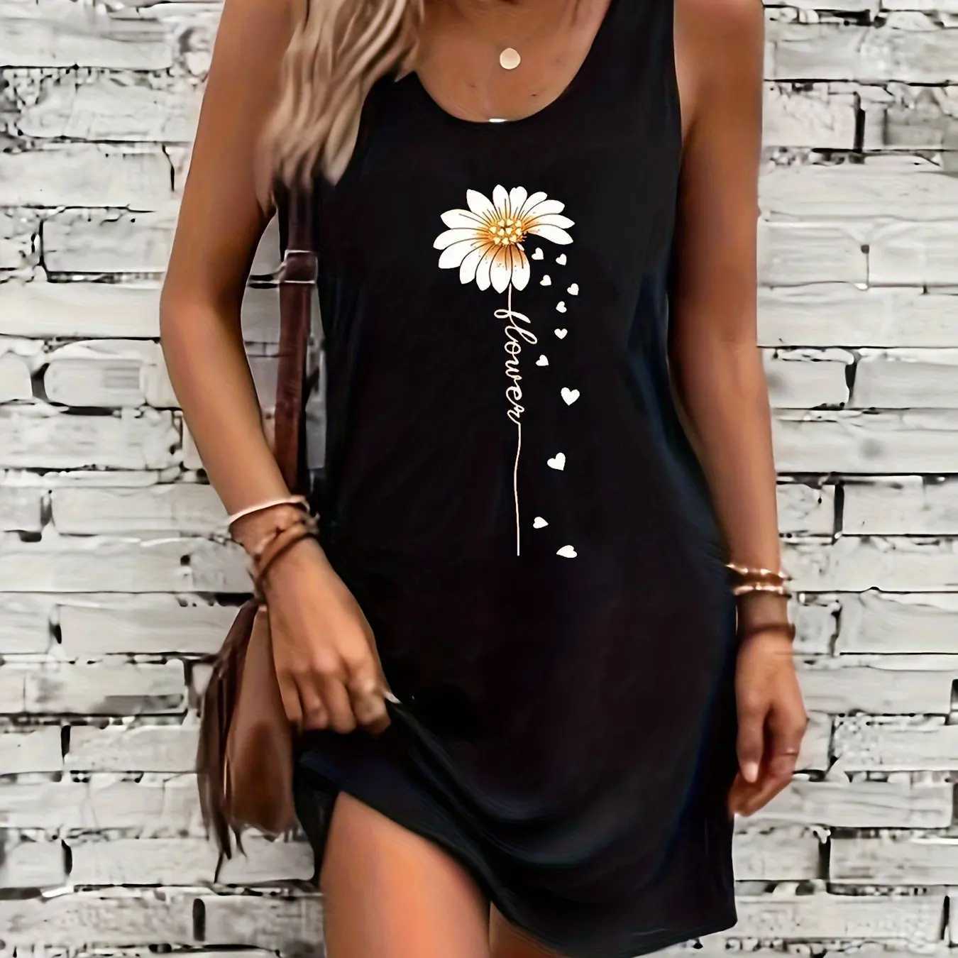 Summer black sexy dress Womens Suower Print Casual Slim Fit Sveless Round Neck T-shirt Mini DressXJ250224