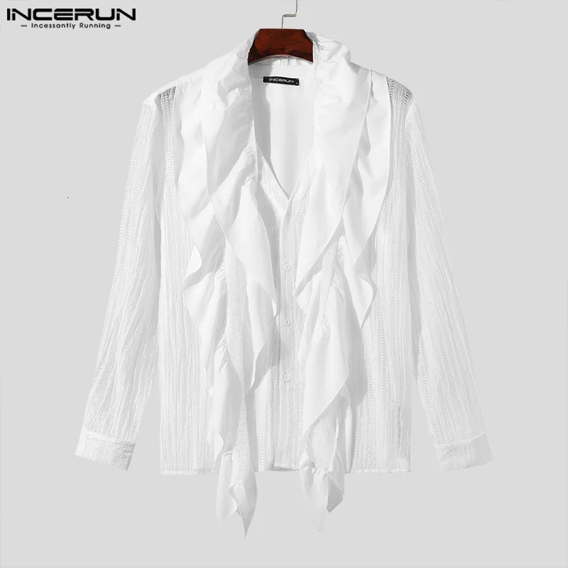 Mens shirt with hollow pleated edges and patch work V-neck long sleeved mens streetwear transparent fashion Camisas INCERUN 250222