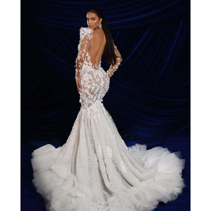 Delicate Mermaid Wedding Dress Bridal Gown For Women O-Neck Appliques Long Sleeves Sweep Train Backless Dresses Custom Made