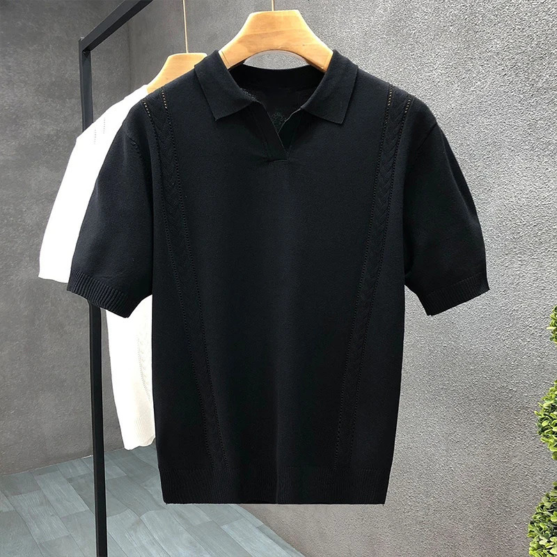 Summer Mens Clothing Knit V Neck Short-sleeved Polo Shirt Solid Color Leisure Korean Breathable Slim Knitwear 250224