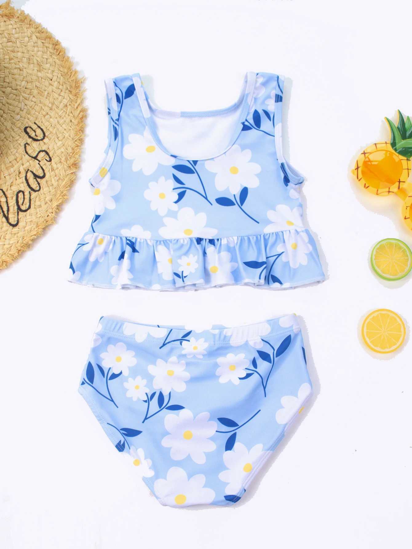 Flower ruffled high stretch beach girl childrens swimsuit high waist swimsuit childrens vacation bikini set X250224