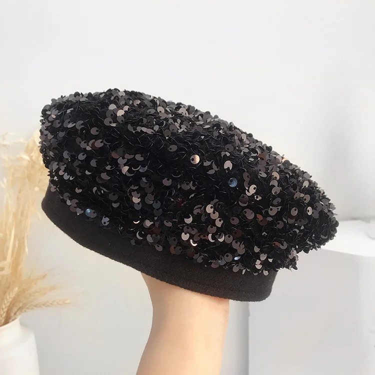 Autmn women lady casual cotton sequins beret cap Girl punk Hip hip rainbow beret British artist pumpkin hats Gorros 250225