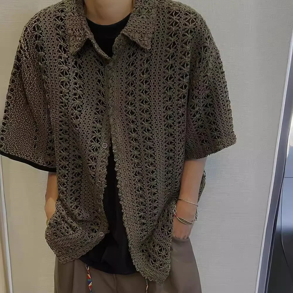 Summer American Style Vintage Distressed Versatile Military Green Knit Hollow Breathable Loose-fit Casual Short Sleeve Shirt Men 250222