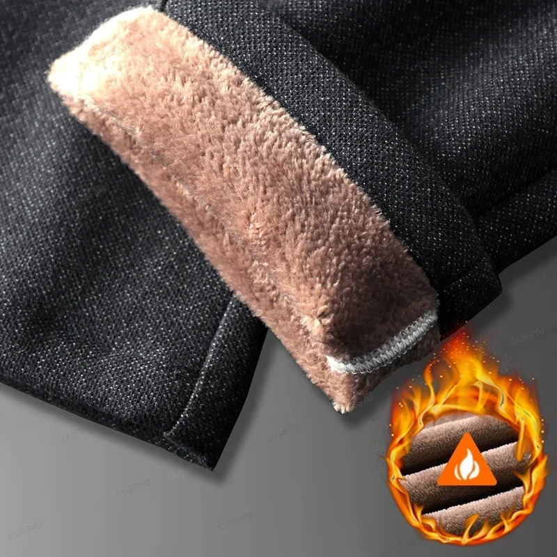 Winter pants mens warm elastic waist thick brushed wool lining work and leisure mens tight fit business dress plush 250214