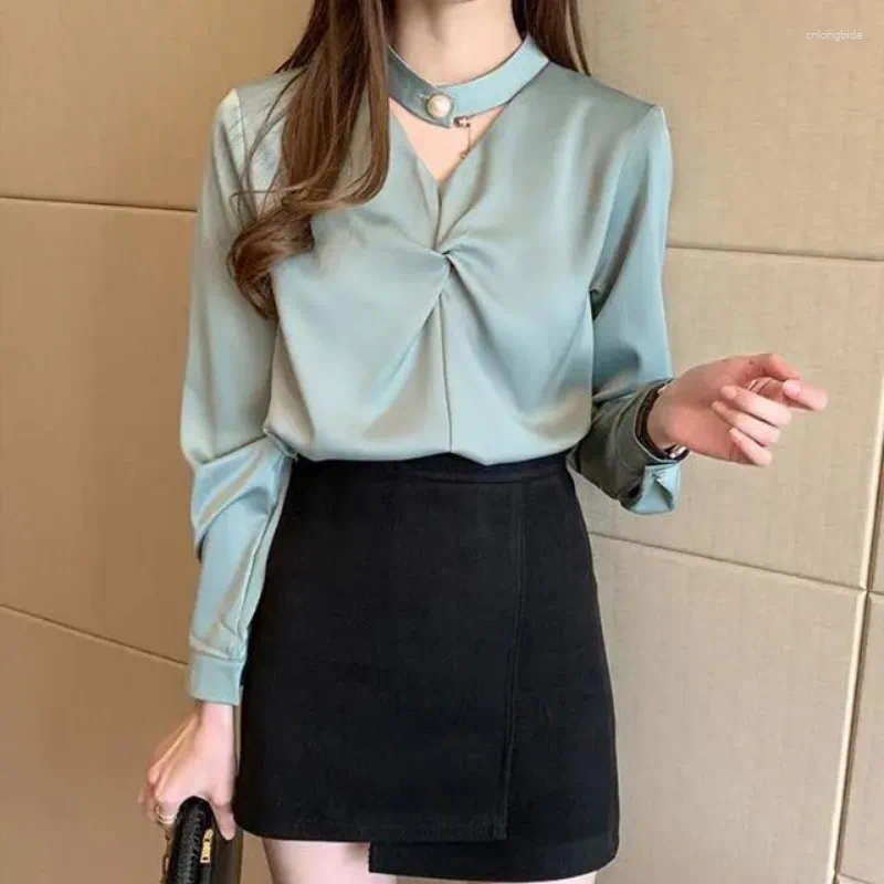 Women's Blouses Women Spring Summer Simplicity Office Lady Solid Color V-neck Long Sleeve Shirts Ladies Fashion Pleated Silk All-match Tops