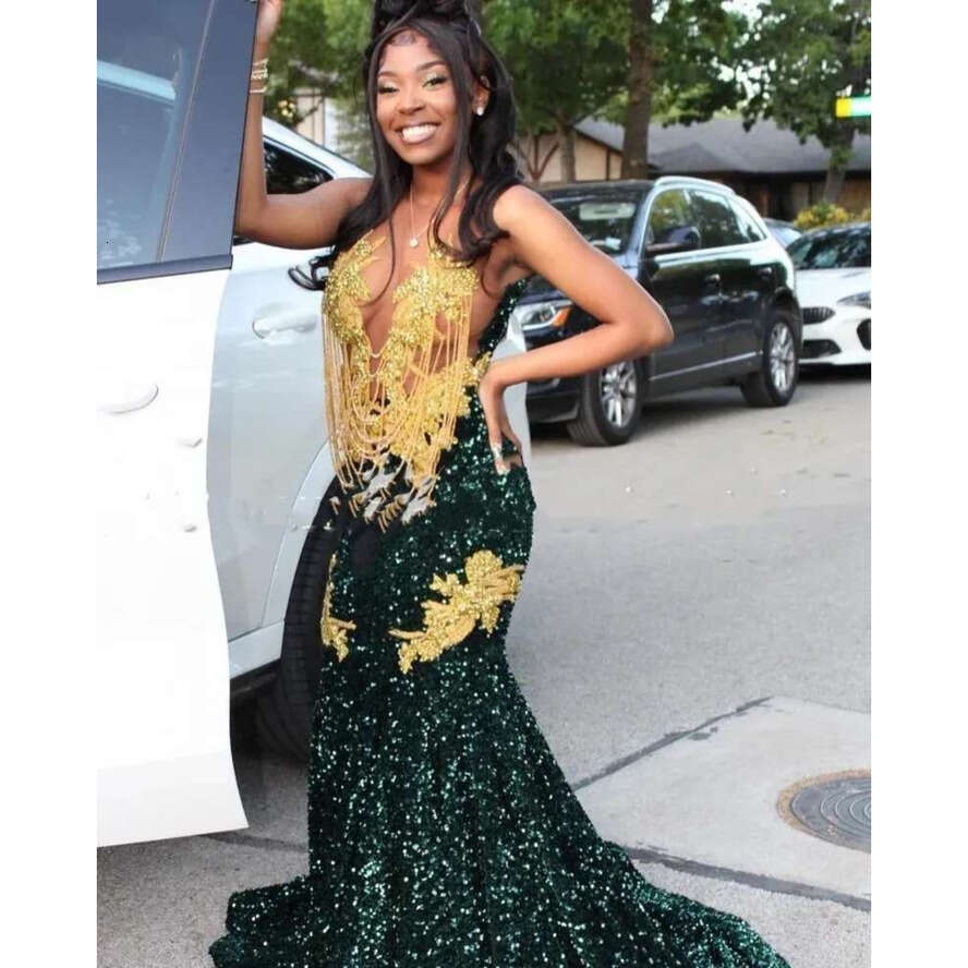 Dark Green Prom Dresses For Black Girls Rhie Tassel Mermaid Party See Through Evening Ocn Gowns