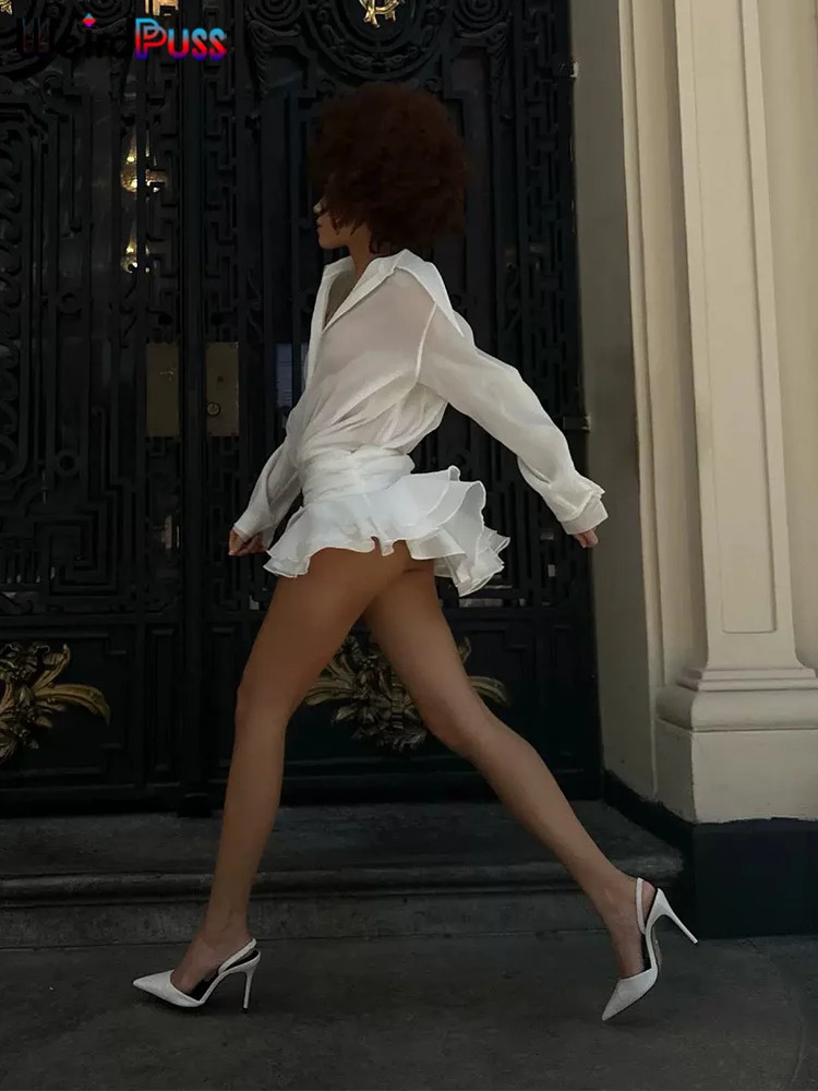 Weird Puss See-Through Tierred Dress Woman Summer Solid Turn-Down Collar Shirt Ruffles Chic Long-Sleeve Chiffon Party Bodycon 250225