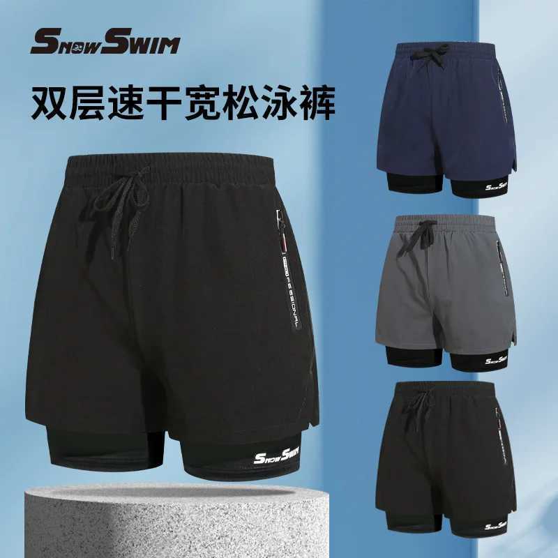 Mens Double-layer Swim Trunks Flat Angle Adult Quick-drying Anti-embarrassment Swim Trunks Beach Pants Spa Swimming KitXJ250224