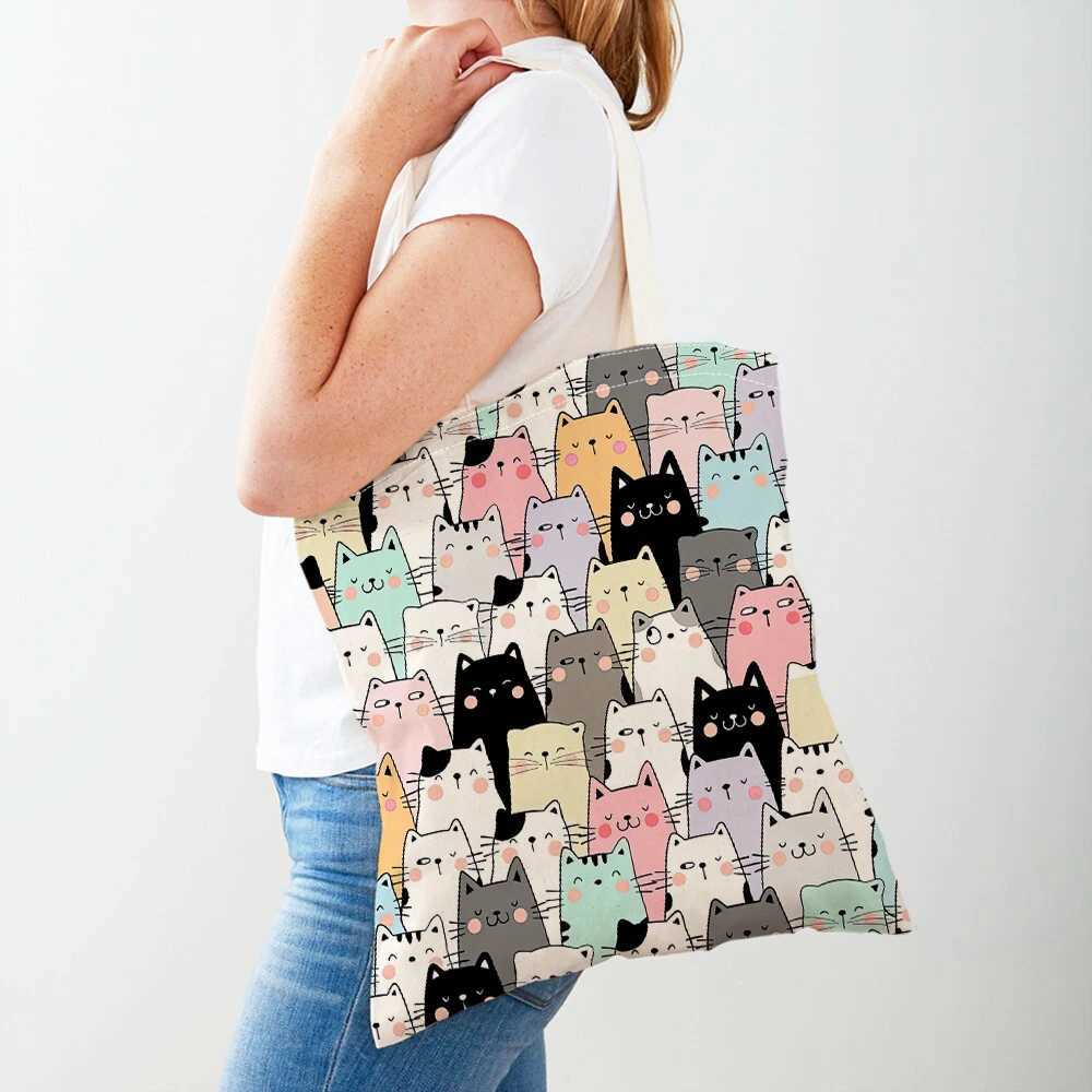 Fashion Cartoon Coffee Cat Womens Handbag Pet Animal Double Print Canvas Womens Shopping Bag Childrens Shoulder Handbag Z250224