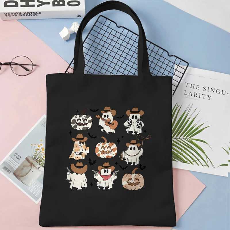 Spooky Season Boo Graphic Handbag Women Casual Canvas Portable Shoulder Bag Cute Halloween Party Shopping Reusable Tote Bag Z250224