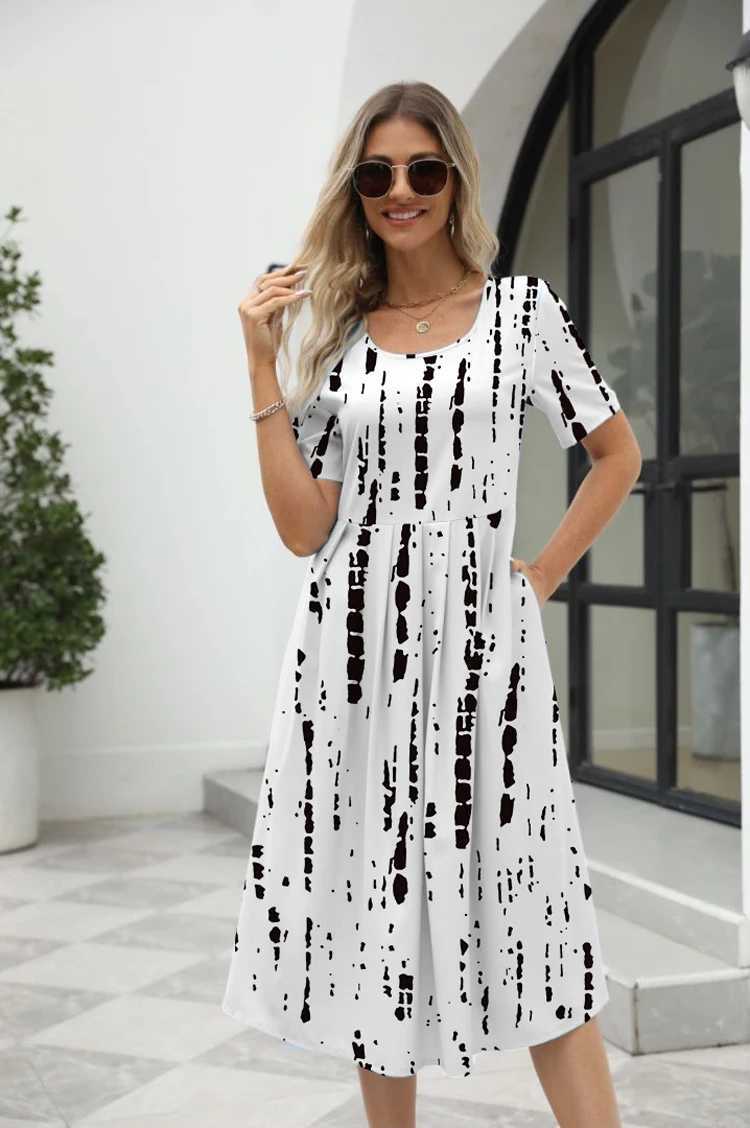 2024 European and American Summer New Womens Ele Printed Round Neck Short Sve Zipper DressXJ250224