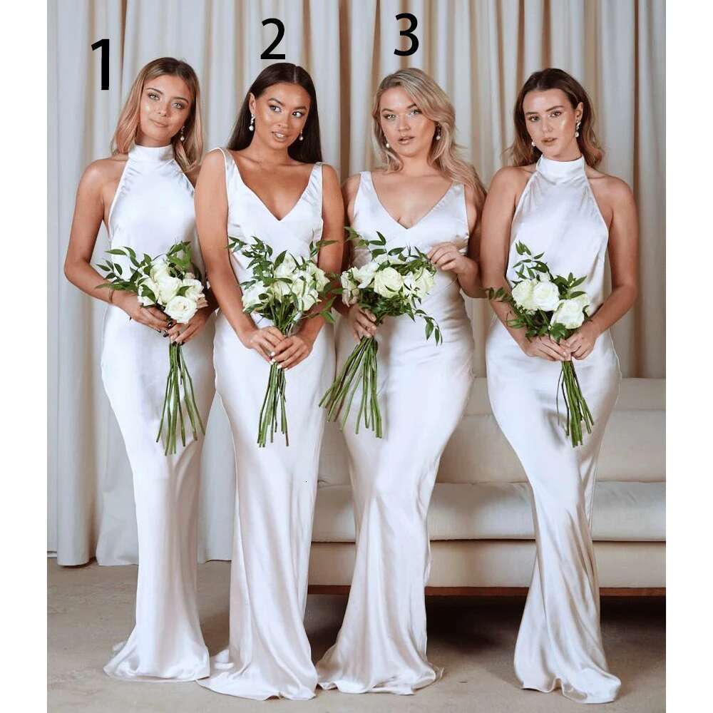 Solid White Elegant Wedding Party Dress with V Neckline Halter Sleeveless Mermaid Fashion Up To The Floor Bridesmaid Dresses