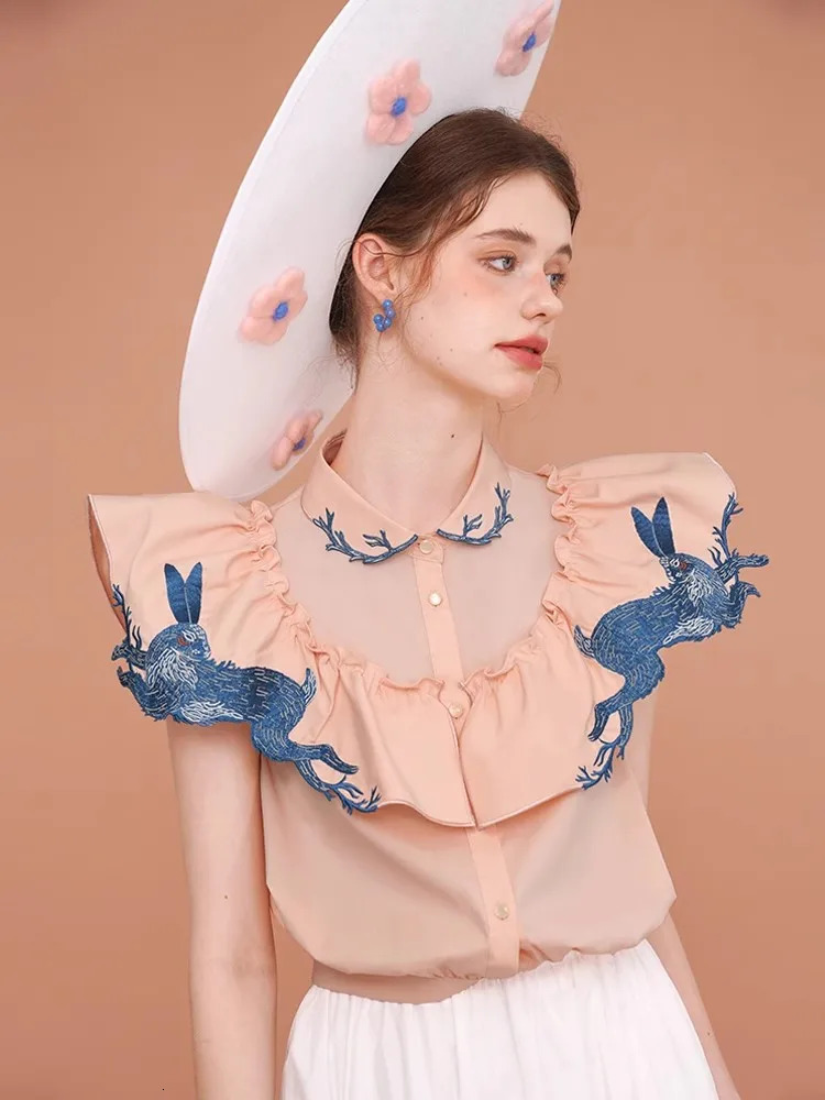 Rabbit Embroidered Shirt for Women Exquisite Summer Shirt 250224