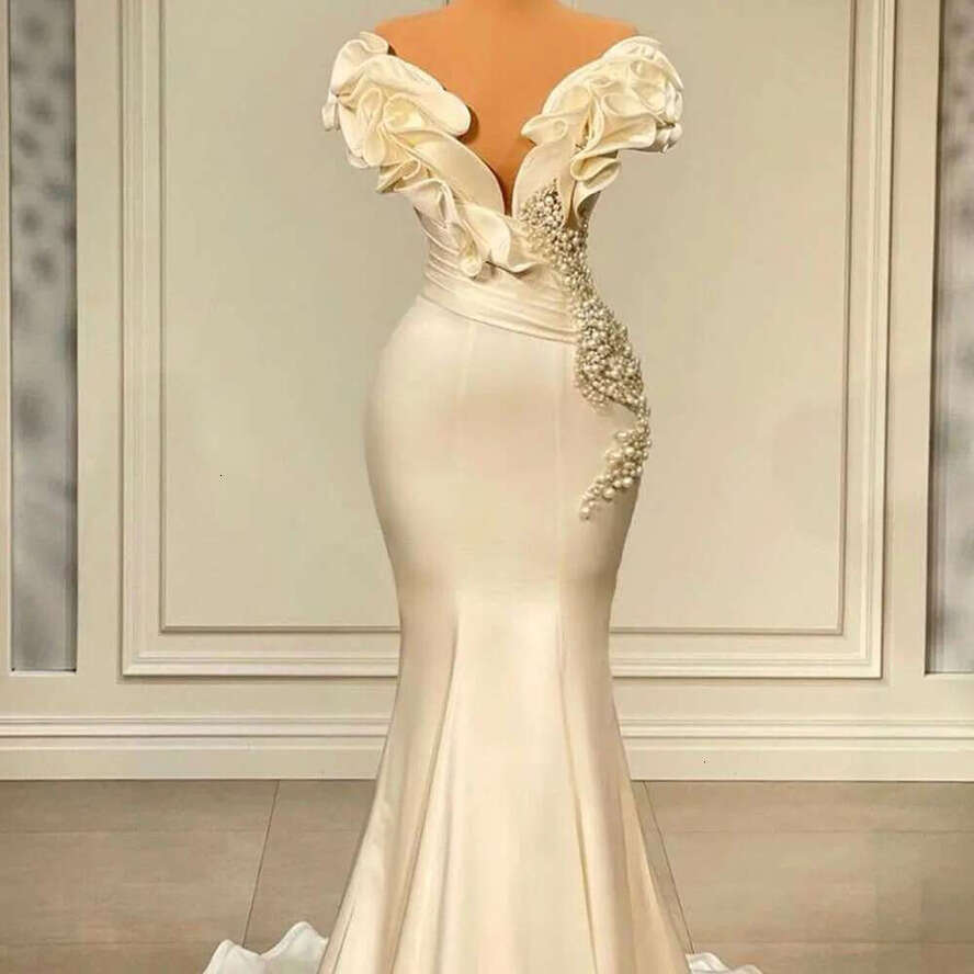 Long Evening Dresses Off The Shoulder Pearl White Satin Mermaid Dubai Women Formal Ocn Prom Party Gowns Vestido