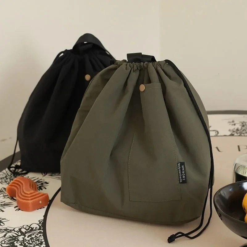 Japanese Korean Lunch Bag Cotton Canvas Large Solid Color Drawstring Portable Thermal Insulated Picnic Storage Bento Box Bag 250224