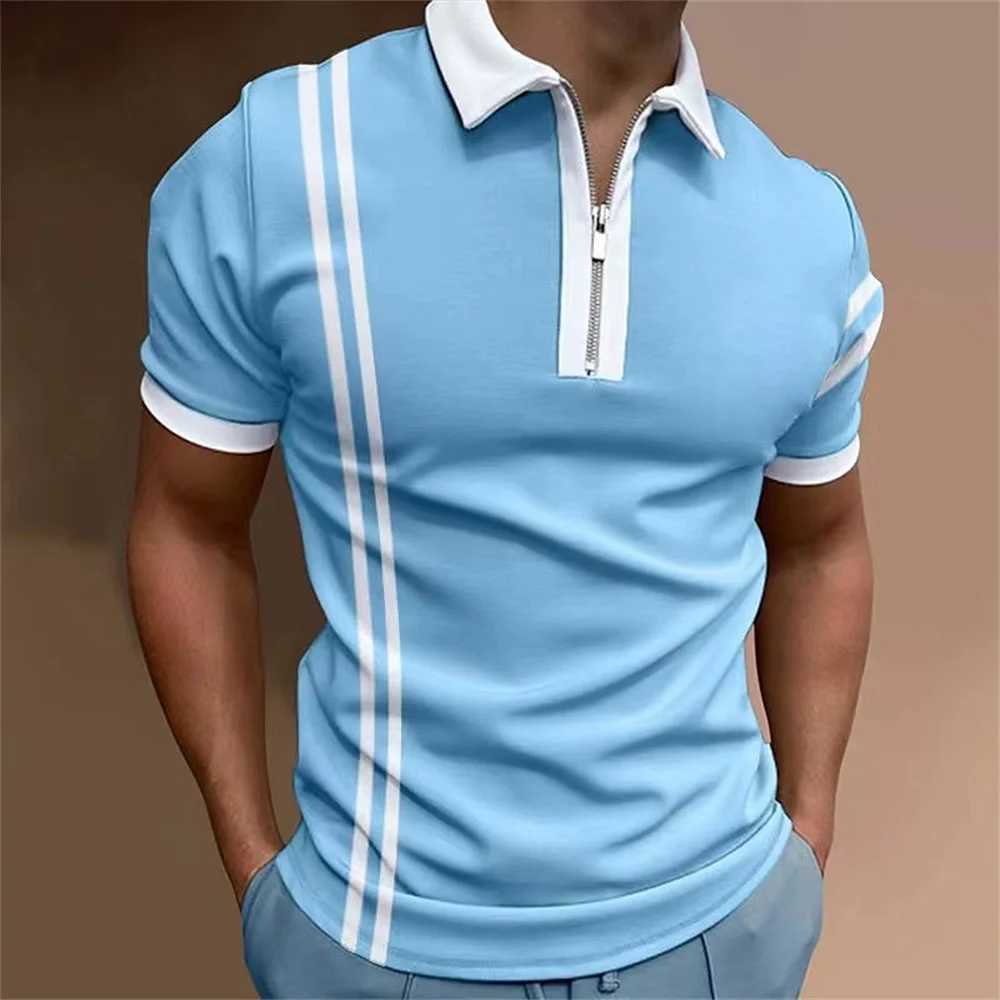 MenS Striped Polo Shirt Golf Clothing Summer Casual Tops Striped Print Zipper Pullover Simple Fashion Polo T-Shirt Men ClothingT250225