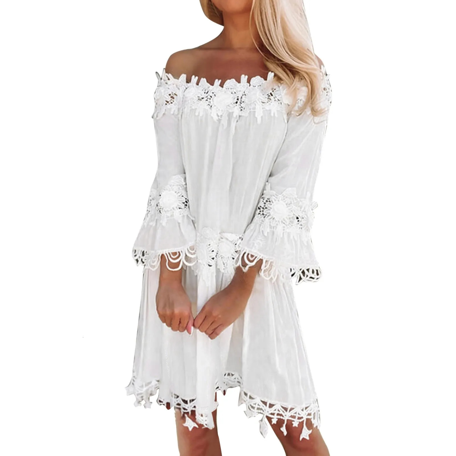 Boho Sundress Lace Off Shoulder Summer Dresses For Women Casual V Neck Short Sleeve Beach Dress WomenS Clothing Vestidos 250225