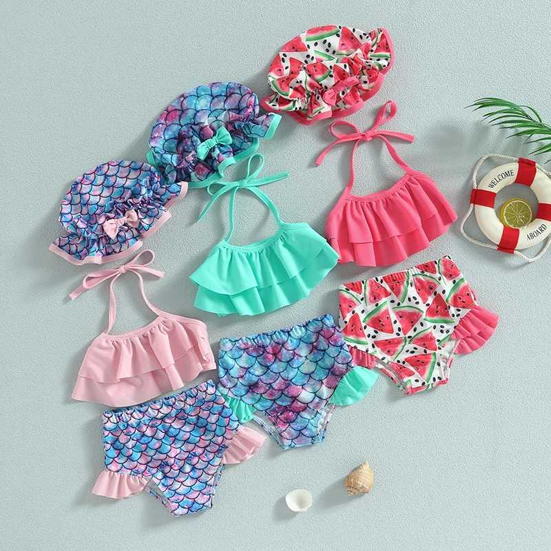 Childrens girls bikini swimsuit sleeveless camisole collar swimsuit ruffled top vest short sleeved baby swimsuit X250224