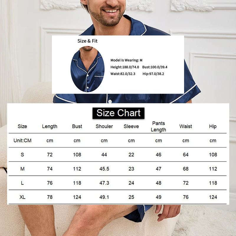 2pcsSet Mens Pajamas Set For Summer Black Short Sleeve Button Down Shirt Top Shorts Sleepwear Loungewear Shorts Suit Pyjamas 250224