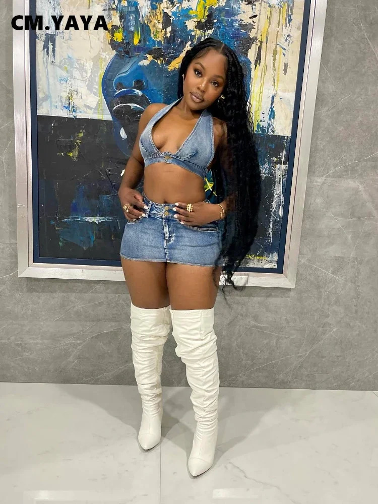 CM.YAYA Summer Denim Women Set Sleeveless Halter Vest Tops and Jeans Skirts Street Backless Two 2 Piece Sets Outfit Tracksuit 250224