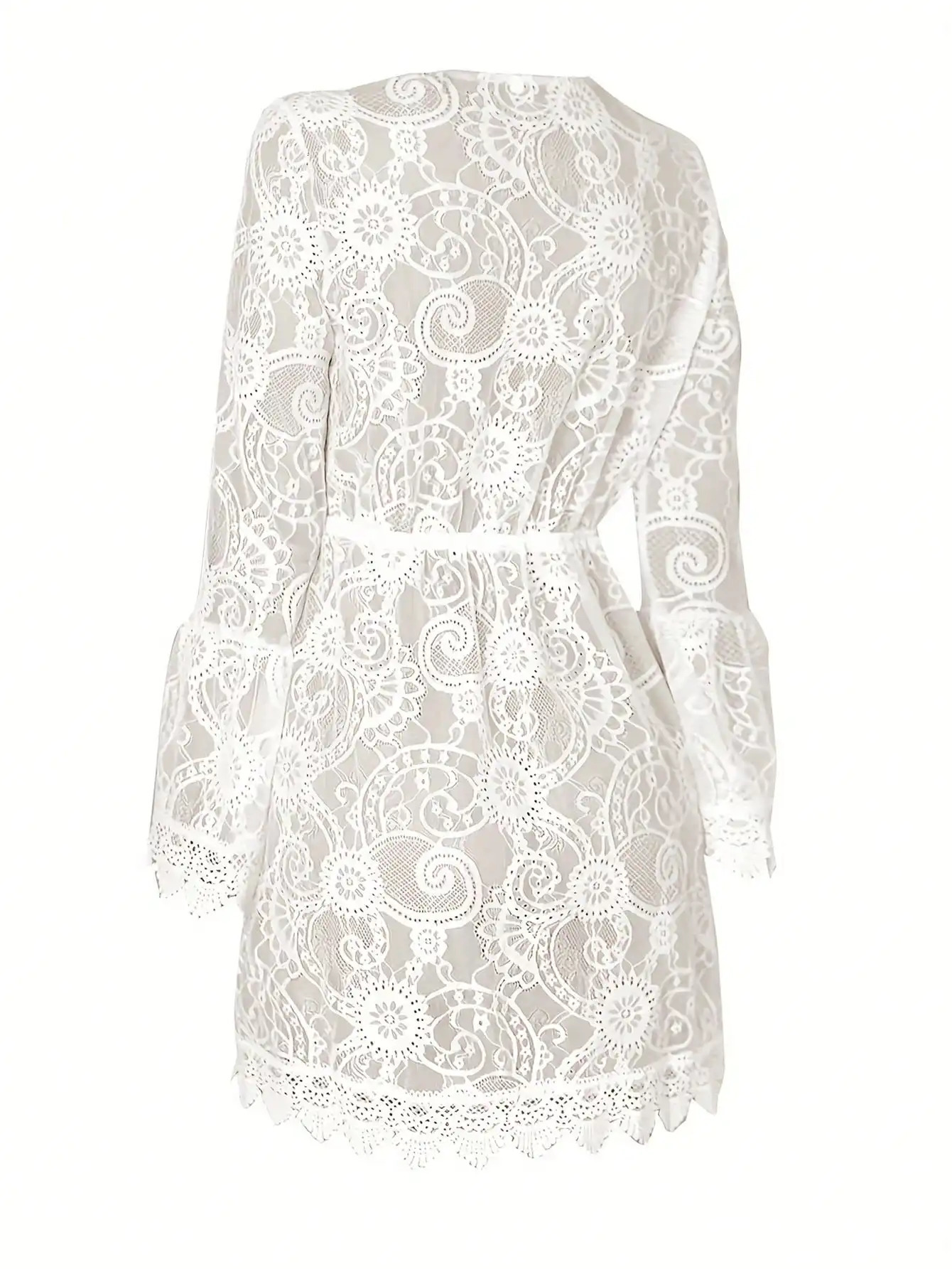 Solid Color V-neck Lace Dress Vacation Style Flare Sleeve Cover Up Beach Wear Dress For Summer Womens Clothing 250225