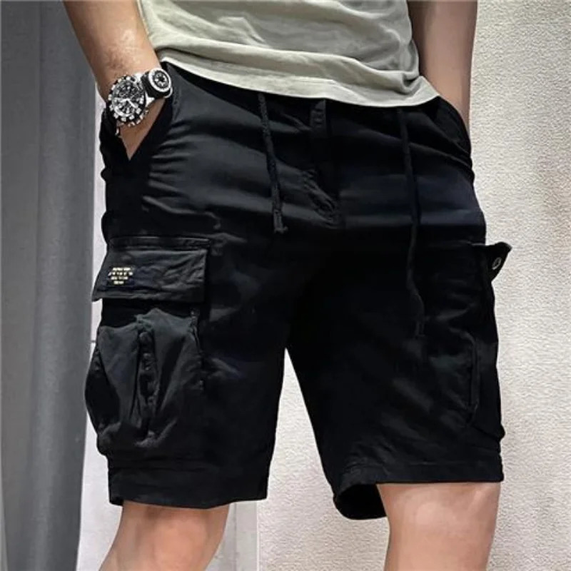 Half mens cargo shorts solid brushed khaki Bermuda summer Korean style luggage elastic waist Y2k 250214