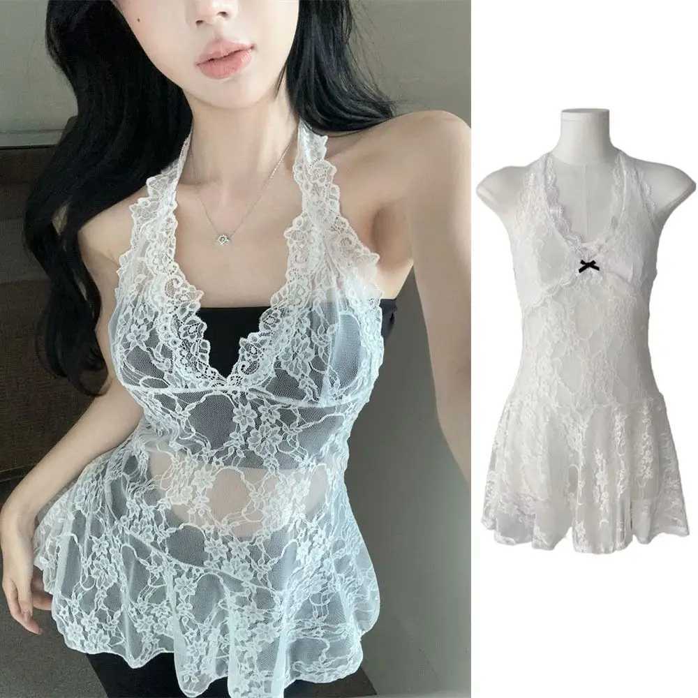 Fashionable transparent lace camisole dress A-line V-neck lace camisole short sleeved dress sweet streetwear womens clothingXJ250224