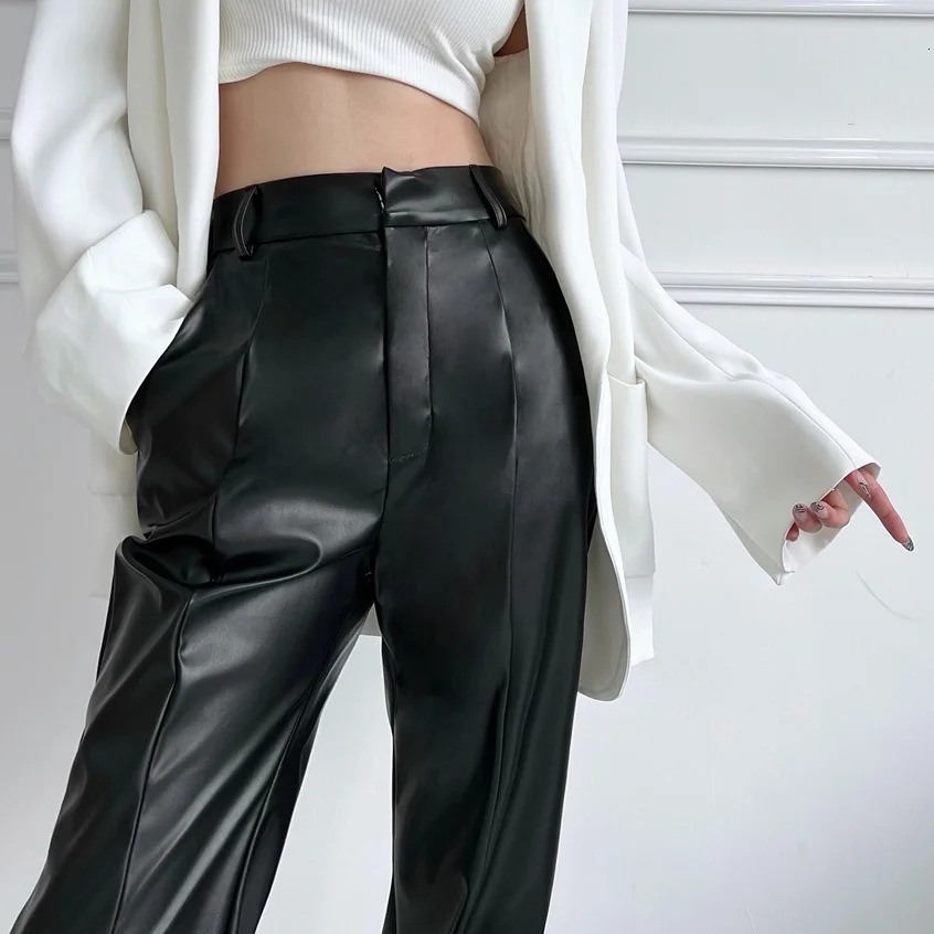 Autumn Winter Straight Leather Pants Women Slim Floor-length Casual Pu Leather Pants for Tall People Loose Wide-leg Pants 250224