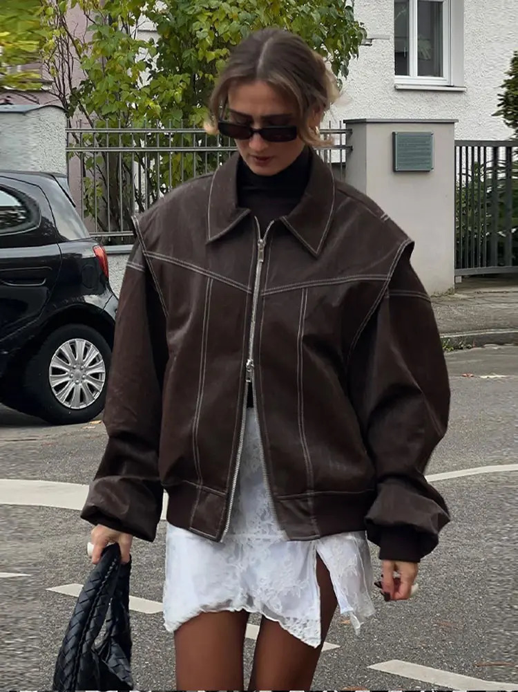 Women Zipper Leather Bomber Jackets Coats Oversized Contrast Stitch Lapel Long Sleeve Jacket Motorcycle 2024 Autumn Outwear Tops 250224