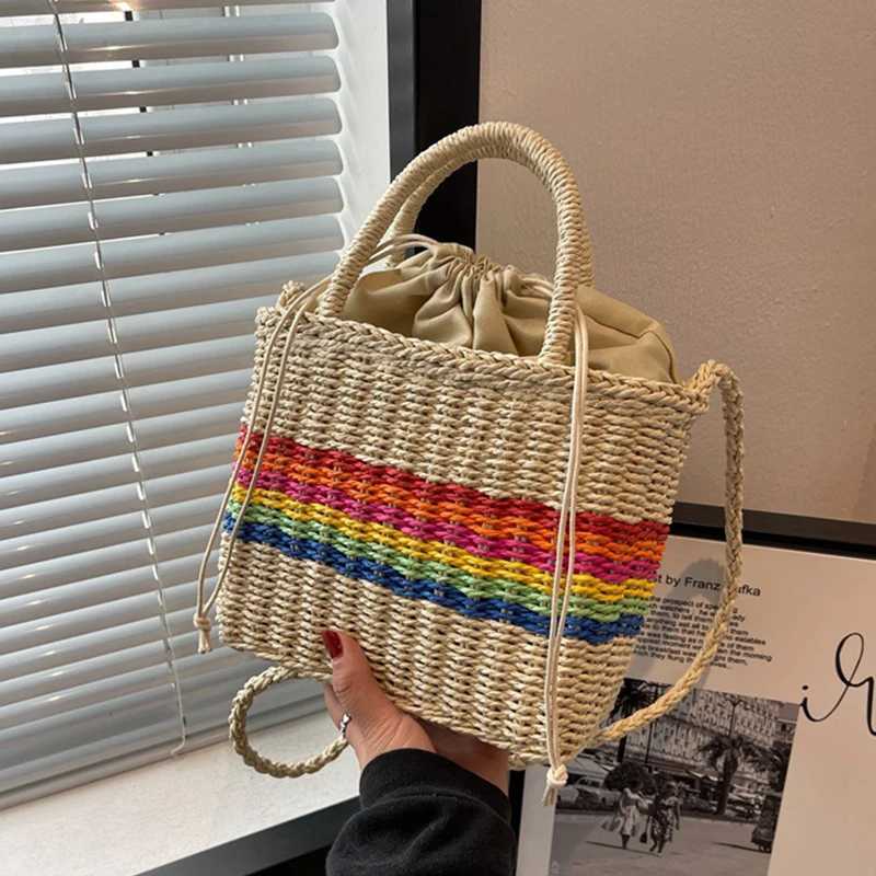 Rainbow Straw Handbags For Women Handmade Summer Seaside Beach Bag Fashion New Handle Bucket Bag Shopping Shoulder Bag Bolsa