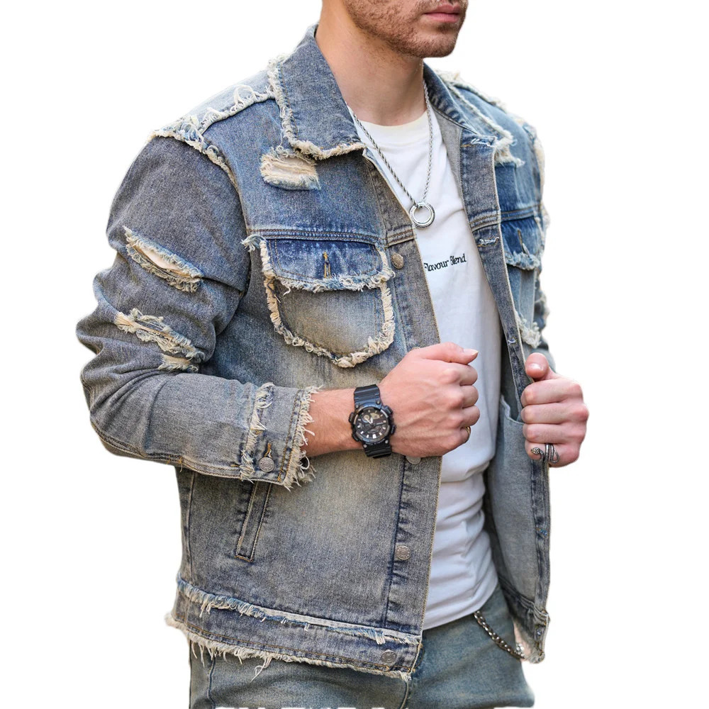 Street Stylish Retro Style Holes Slim Street Denim Jacket Coat Good Quality Distressed Male Casual Denim Jacket 250224