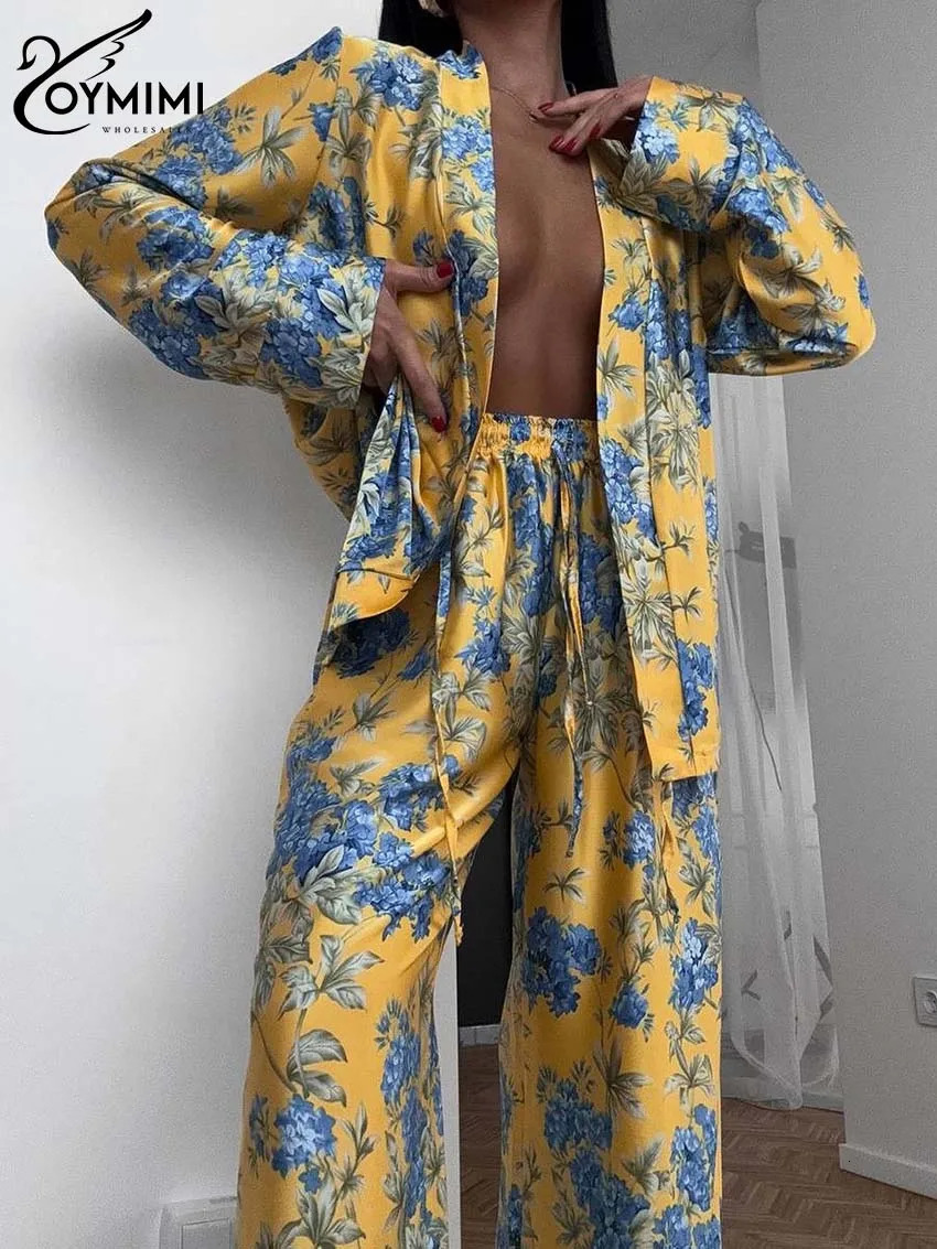 Oymimi Fashion Yellow Print Womens 2 Piece Outfit Set Casual Satin Long Sleeve Lace-Up Shirts And Drawstring Straight Pants Sets 250225
