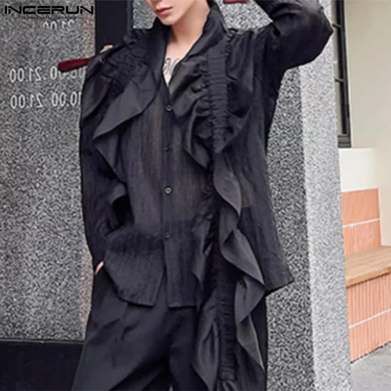 Mens shirt with hollow pleated edges and patch work V-neck long sleeved mens streetwear transparent fashion Camisas INCERUN 250222