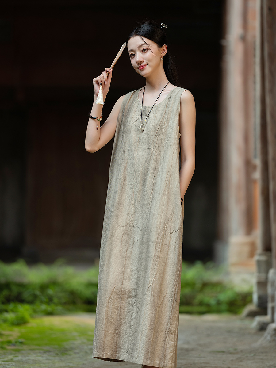 Y41150 Cotton and linen women's clothing ramie cotton thin dirty dyed Chinese long skirt women's loose literary sleeveless vest dress