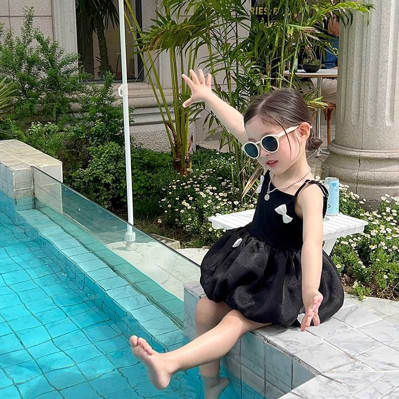 Girls Short Sleeve One Piece Swimsuit Swimming Cap Set Three Bow Suspenders X250224