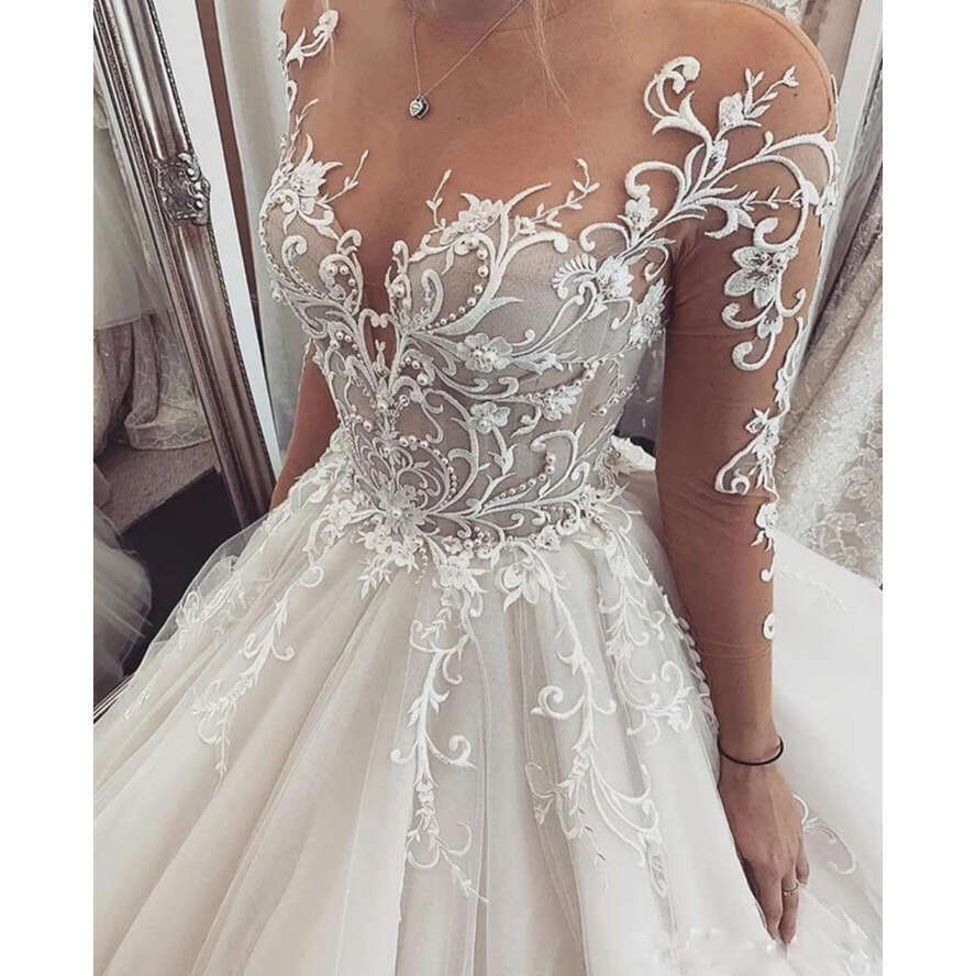 Gorgeous A E Dresses For Bride Lace Appliques Illusion Long Sleeves Wedding Dress Button Back Designer Bridal Gowns