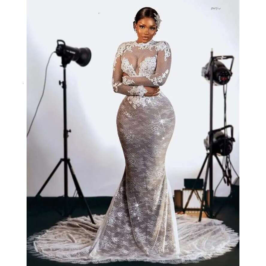 Pcs Sleeve One Long Mermaid Wedding Dresses Full Applique Abito Da Sposa Vintage Lace-Up Corset African Aso Ebi Bridal Dress Gown